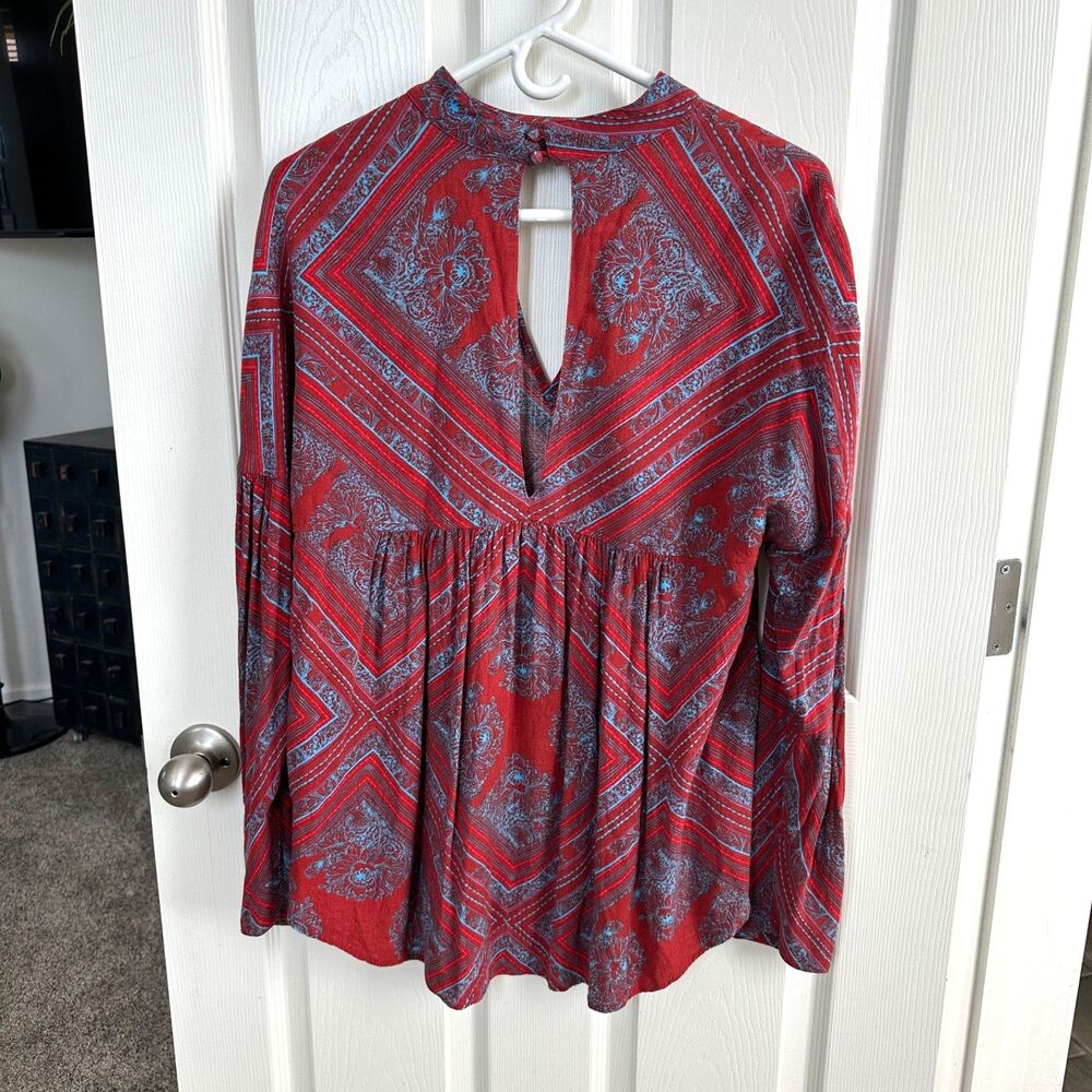 free people red blue geometric print keyhole tunic top medium boho festival - Picture 3 of 7